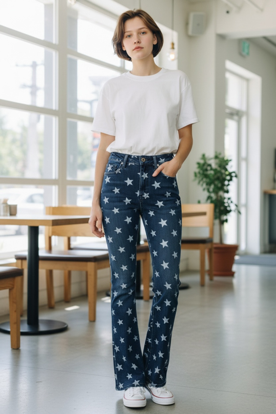 NWT Judy Blue All Over Star Print High Waist Flare Jeans